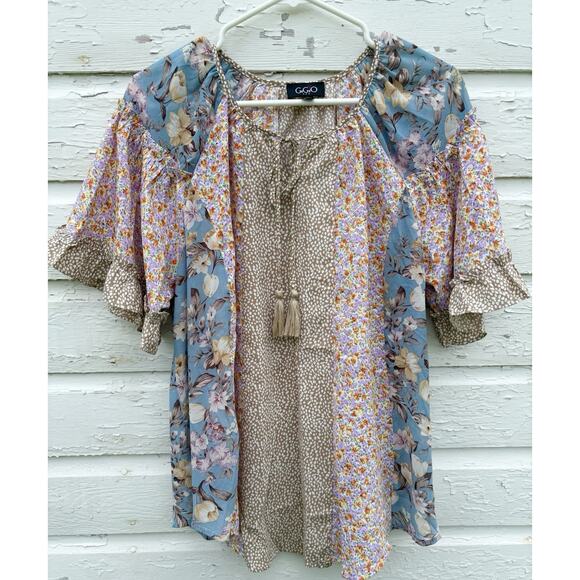 GIGIO Top Size L Colorful Mixed Floral Sheer Ruffle Boho Peasant Tassel Blouse - Picture 1 of 6